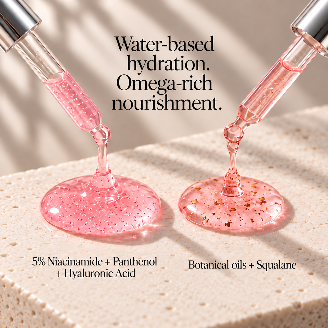 Water-based hydration with 5% niacinamide and omega-rich botanical oil nourishment