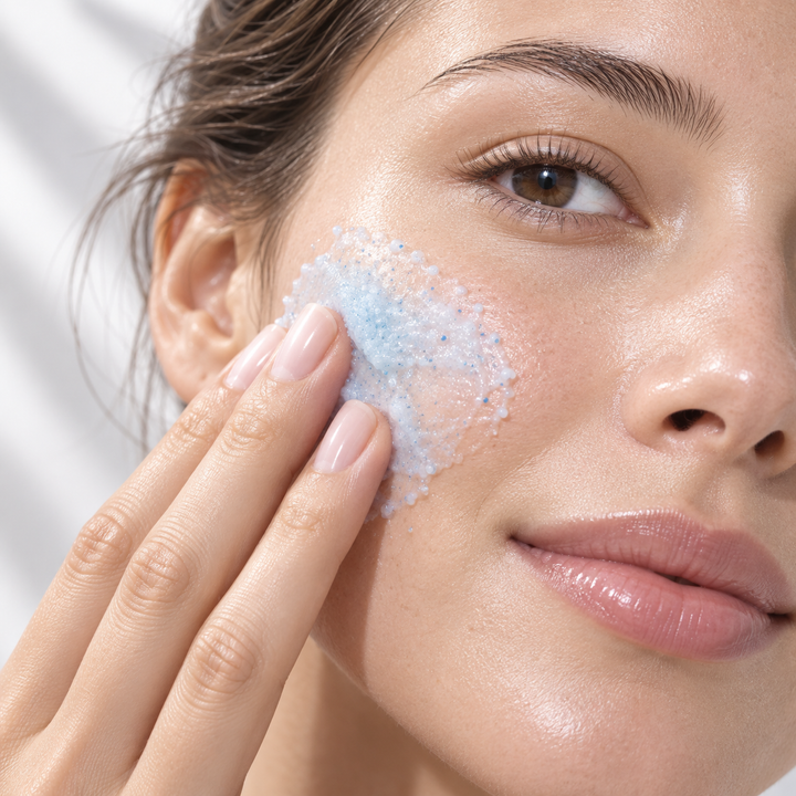 Applying Balancing Exfoliating Cleanser to the face