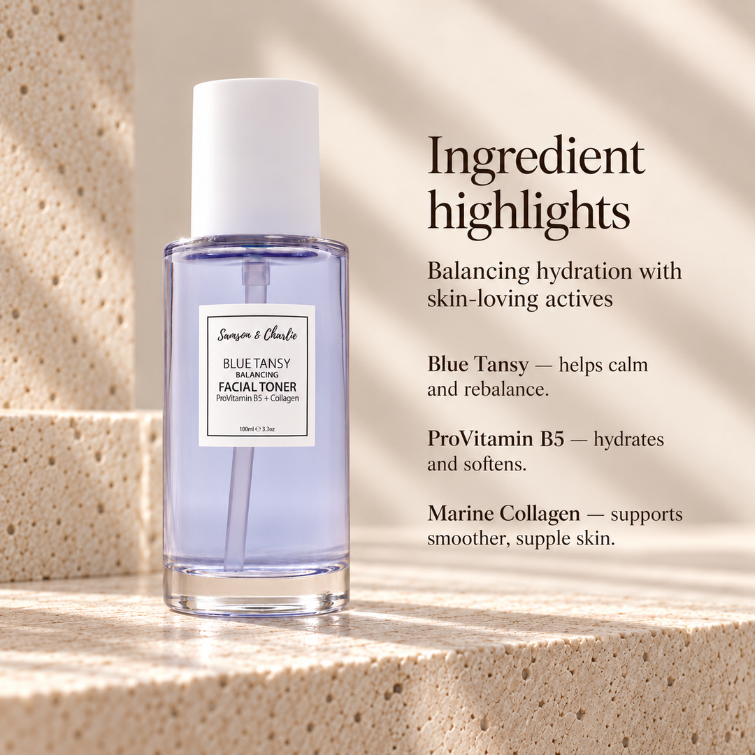 Blue Tansy Balancing Toner ingredient highlights with ProVitamin B5 and hydrolysed marine seaweed collagen