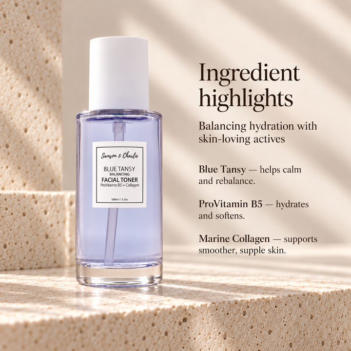 Blue Tansy Balancing Toner ingredient highlights with ProVitamin B5 and hydrolysed marine seaweed collagen