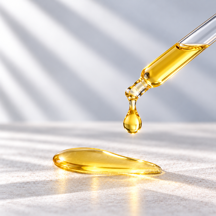Prickly Pear Seed Oil texture: clear pipette, golden oil drop and oil swatch on cool pearl-grey stone