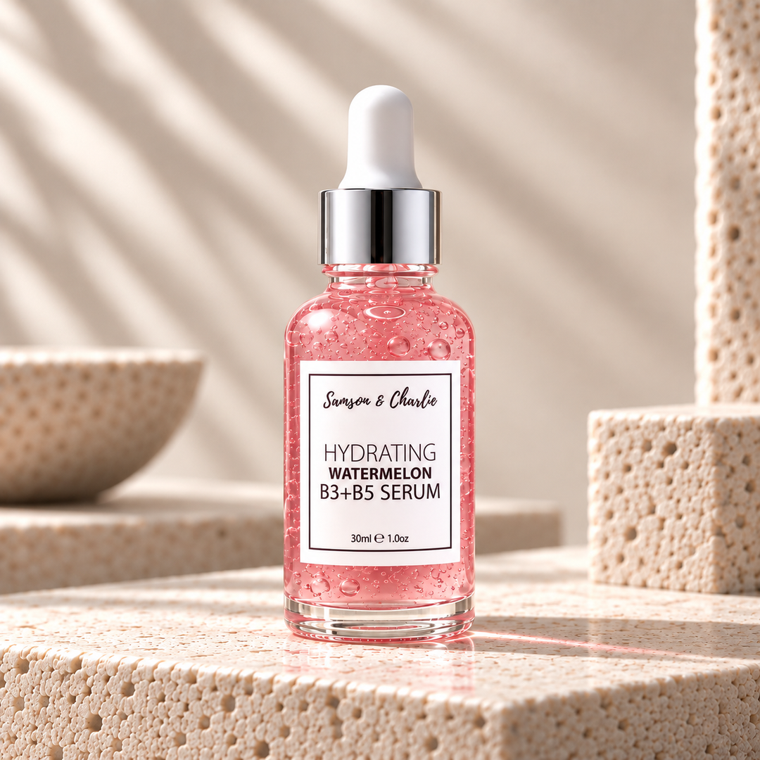 Samson & Charlie Hydrating Watermelon B3+B5 Serum bottle in warm stone light