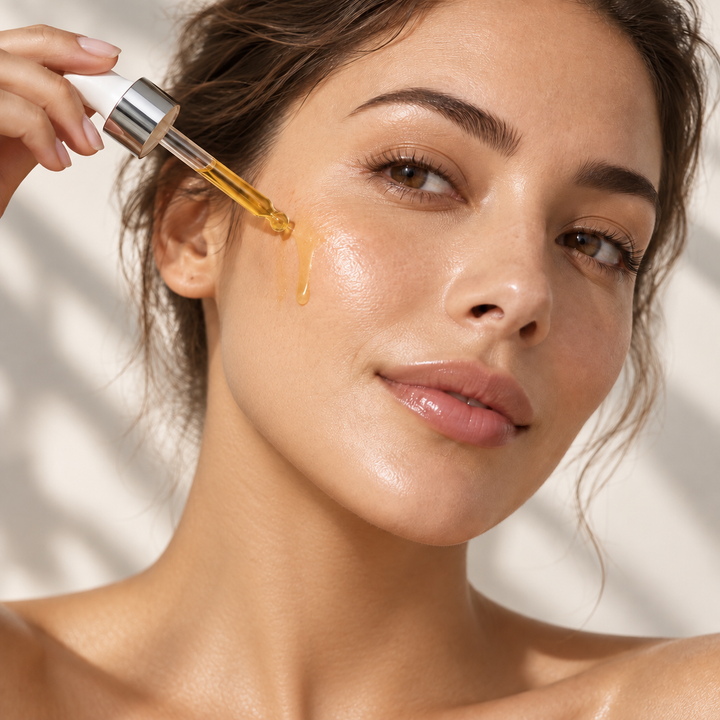 Model applying Vibrant C Brightening Facial Oil with a dropper